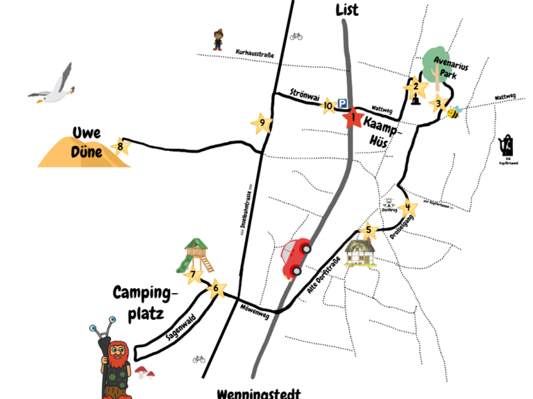 Karte von dem Erlebnispfad für Kinder in Kampen auf Sylt.