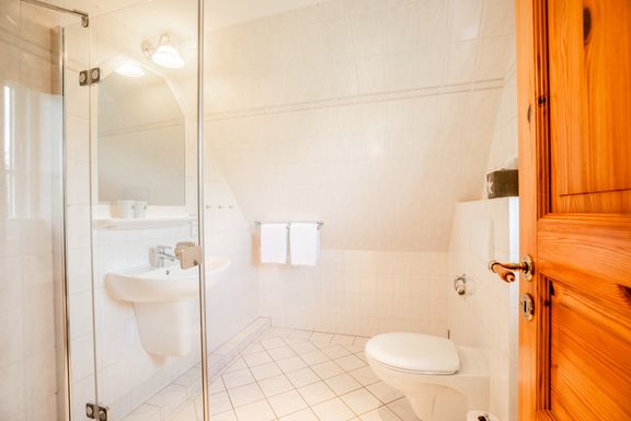 Im Badezimmer hängen zwei Handtücher auf der Halterung, links Dusche und Waschbecken und rechts das WC
